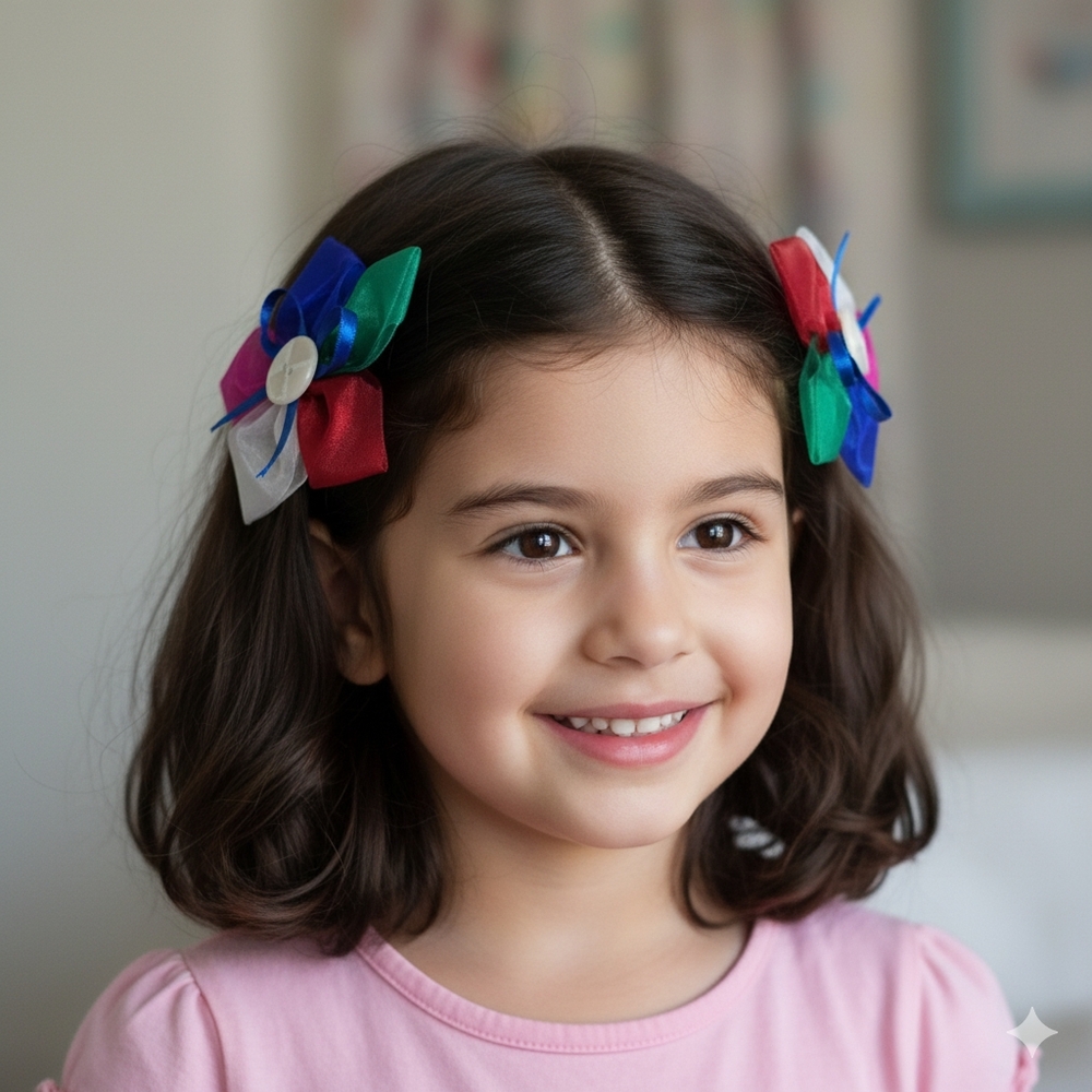 Girls Handmade 2pc Multi-Colored Flower Hair Clip Set
